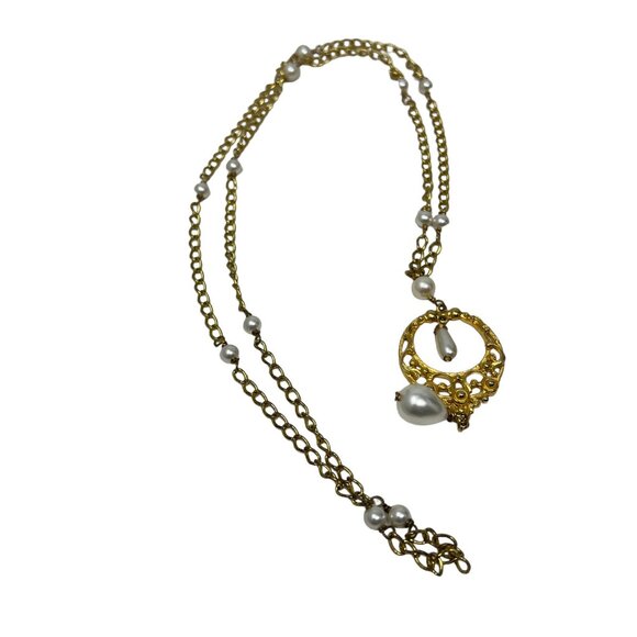 Vintage Florenza Necklace Long Statement Gold Tone Pearl Stations and Pendant - Picture 5 of 6